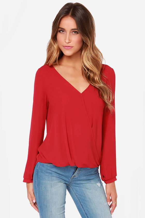 Cute Red Blouse - Long Sleeve Top ...